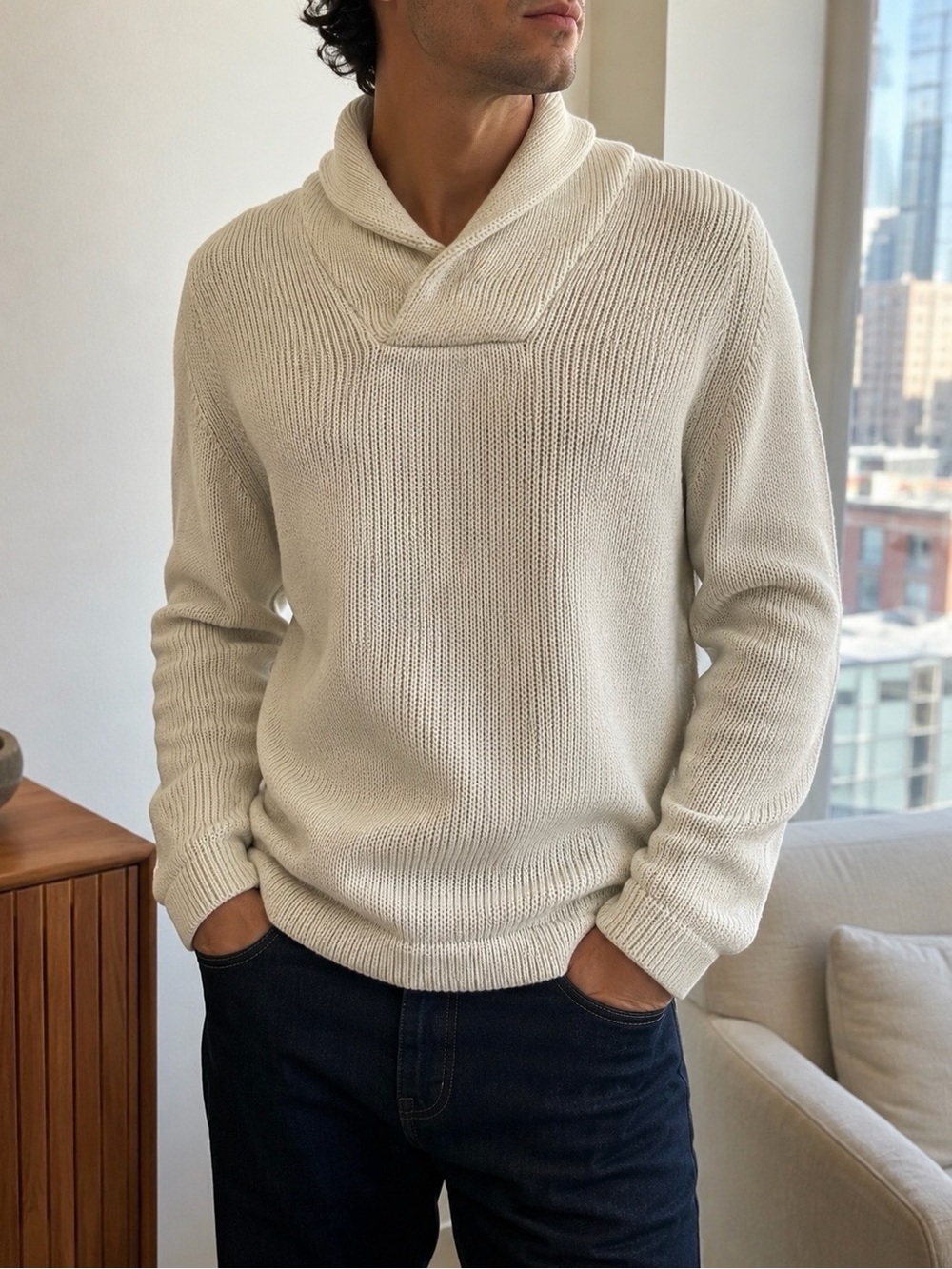Banana Republic Men’s XL Extra Fine Italian Merino Wool Shawl Sweater Neutral